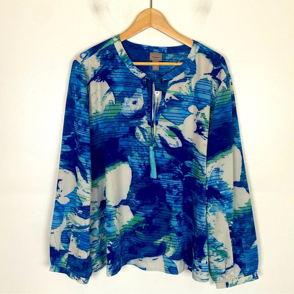 Chico's Getaway Floral Long‎ Sleeves Top Size 4 US XXL Blue Peony Liquid Knit